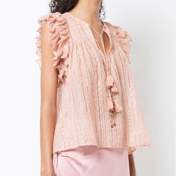 Ulla Johnson Blush Pink Metallic Stripe Ruffle Sleeve Tie Neck Cora Top Blouse - Picture 2 of 14
